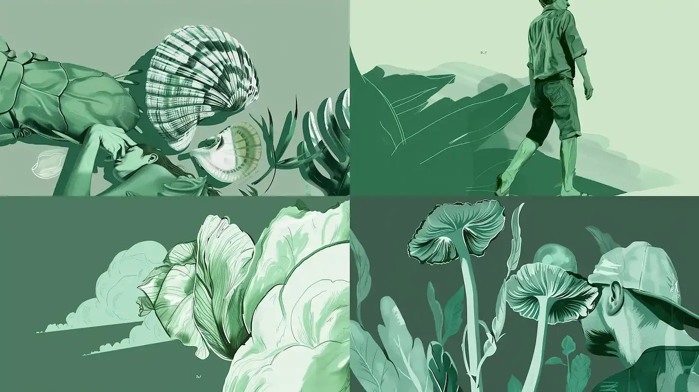 Surreal and Nature-Infused Illustrations with a Monochromatic Green Palette - Midjourney sref style