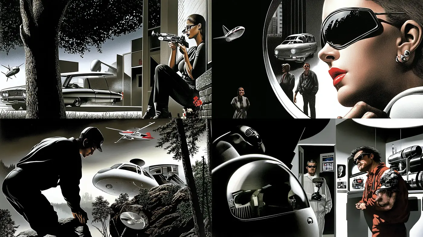 Futuristic Noir Elegance with a Retro Twist - Midjourney sref style