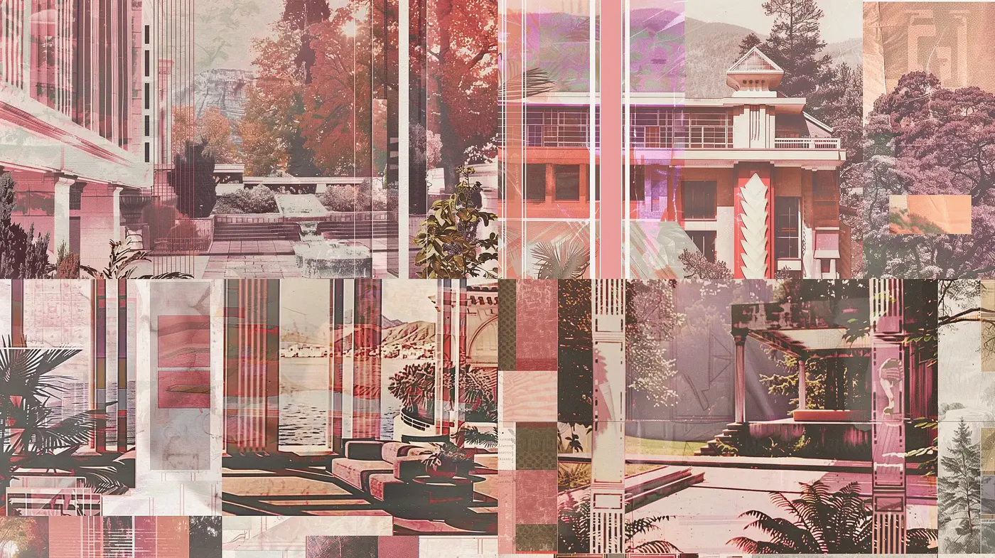 Abstracted Architectural Collage with Surrealist Undertones - Midjourney sref style