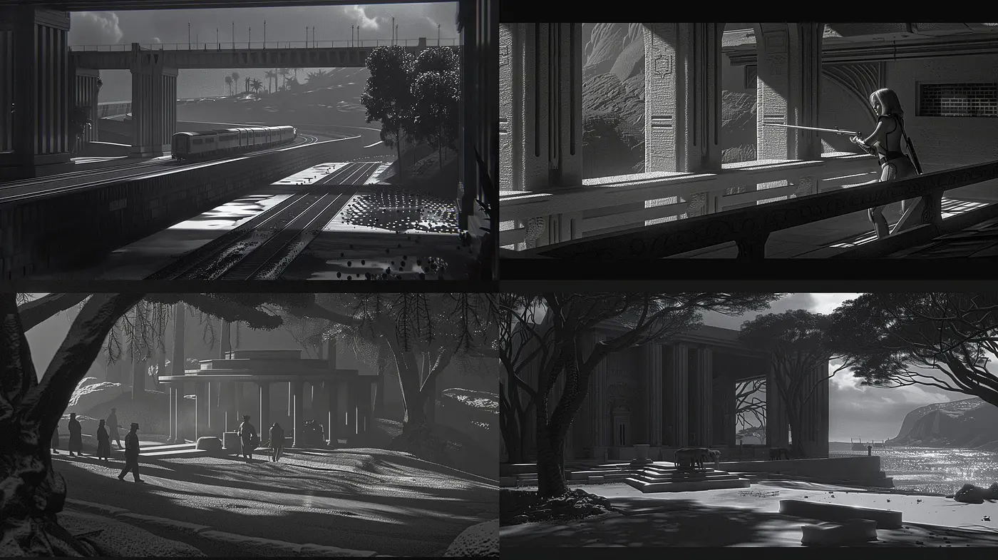 Monochromatic Dreamscape: Reflections of Light and Shadow - Midjourney sref style