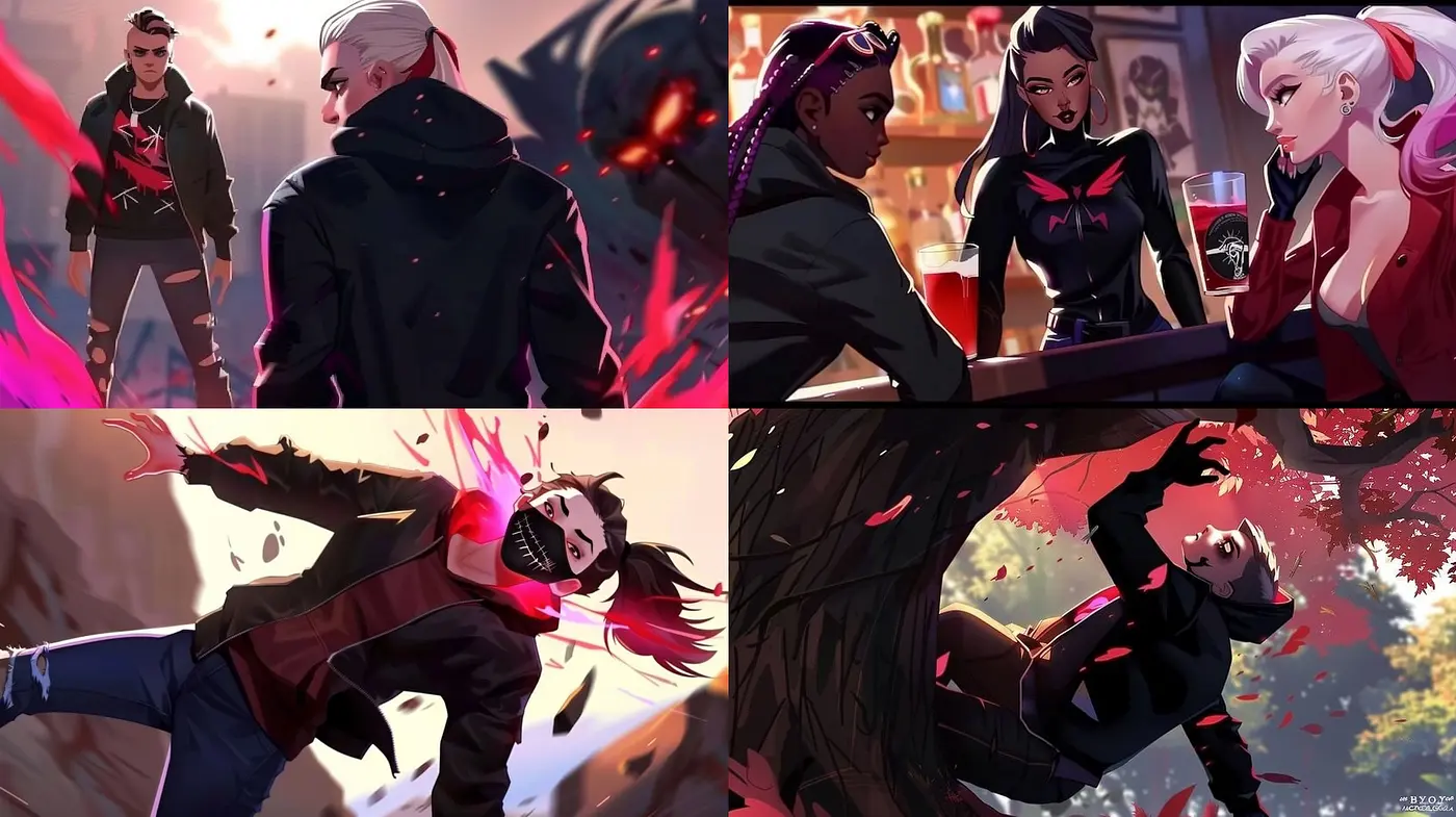 Dynamic Crimson Dusk: A Study in Vivid Anime-Influenced Action - Midjourney sref style