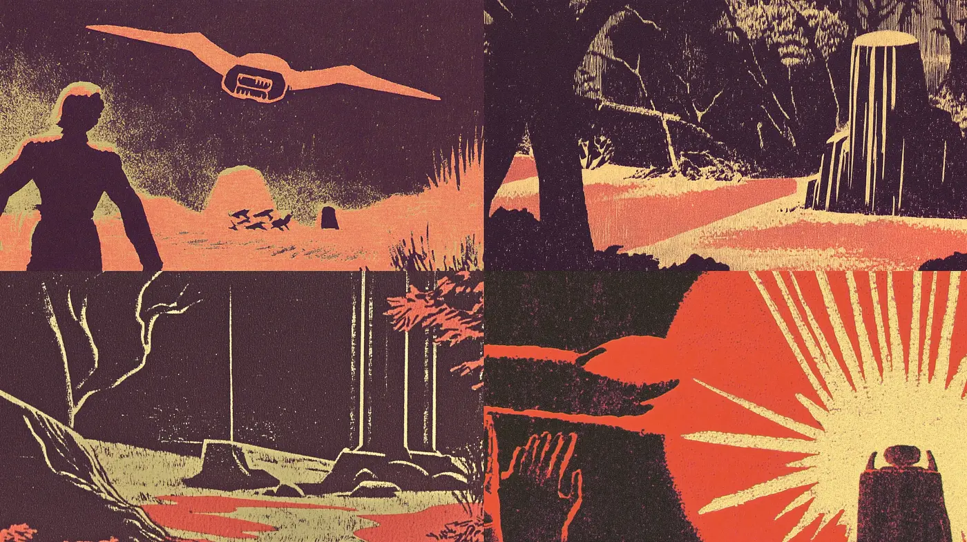 Mystery and Nostalgia in Retro Sci-Fi Art - Midjourney sref style