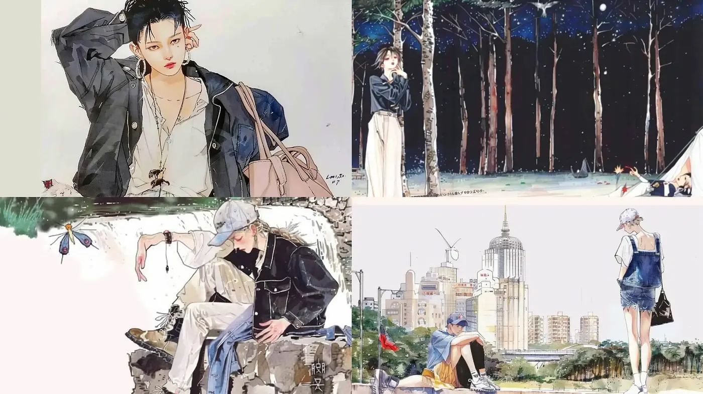 Contemporary Watercolor Blends with Urban Narratives - Midjourney sref style