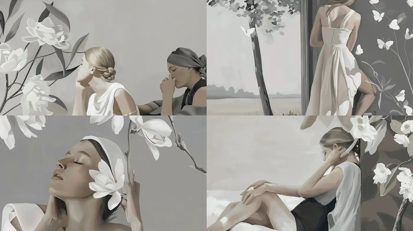 Monochromatic Serenity: Harmonious Blend of Neutrals and Floral Delicacy - Midjourney sref style