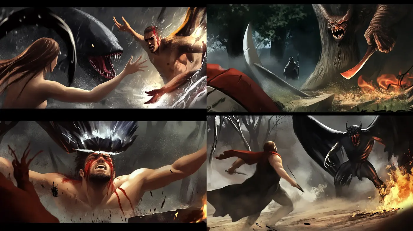 Epic Confrontations in Twilight Hues: Dynamic Tension Meets Mythological Elements - Midjourney sref style