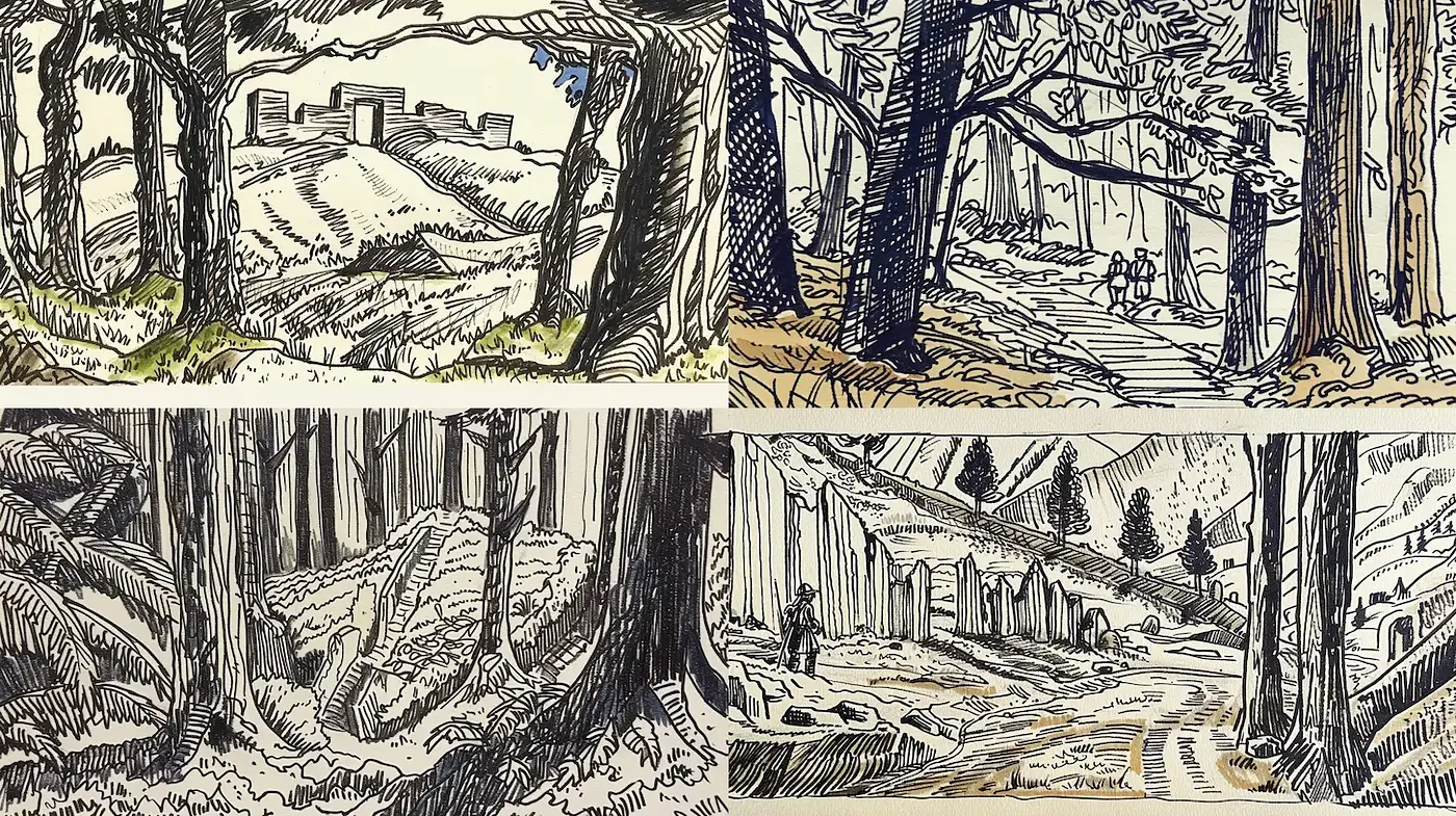 Exploration of Nature Through Ink and Color Techniques - Midjourney sref style