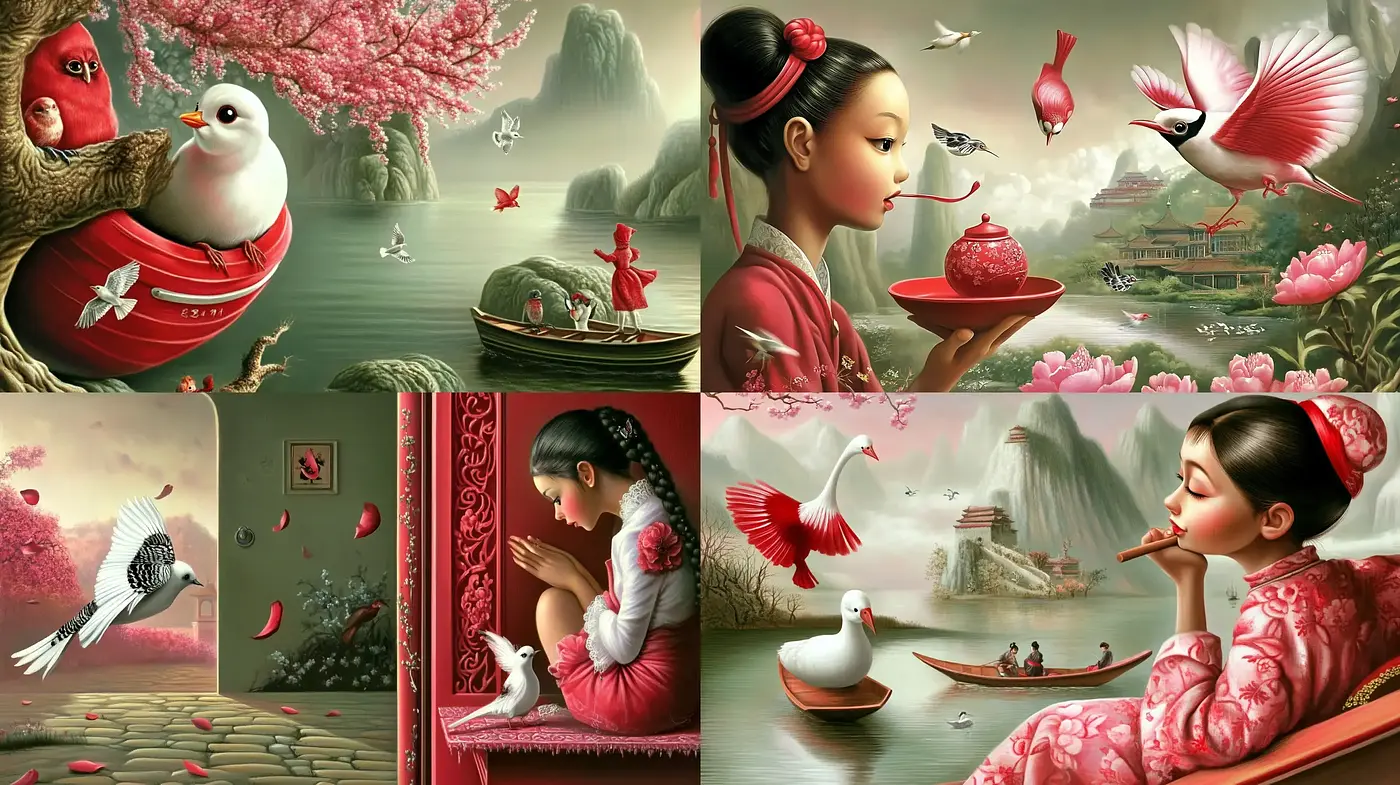 Serenity in Rosy Hues: A Stylized Fusion of Eastern Motifs with Surreal Overtones - Midjourney sref style
