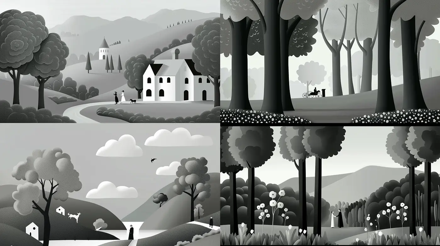 Monochromatic Serenity in Stylized Pastoral Landscapes - Midjourney sref style
