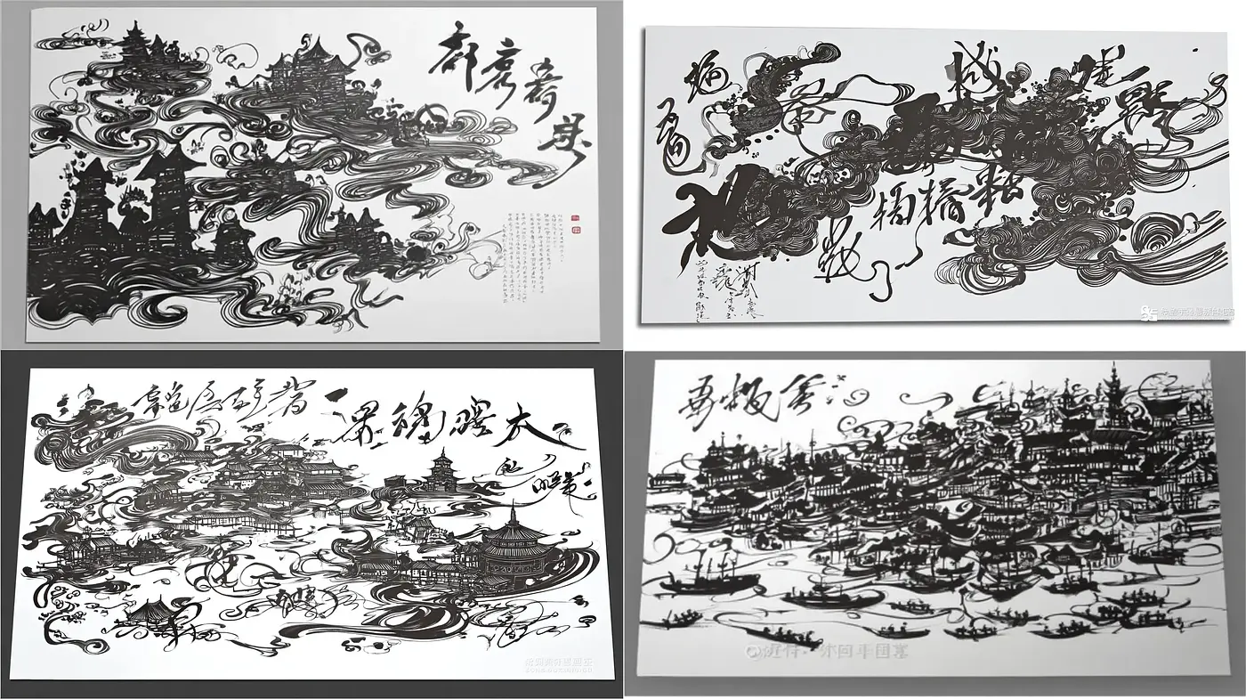 Dynamic and expressive ink wash landscapes enhanced by intricate calligraphy - Midjourney sref style