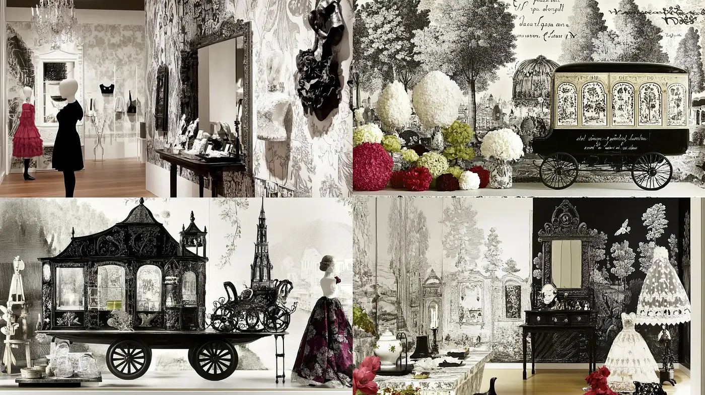 Elegant Monochrome Whimsicality with Pops of Color and Ornate Detailing - Midjourney sref style