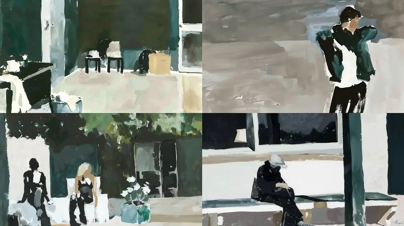 Abstracted Urban Narratives in Monochromatic Hues - Midjourney sref style