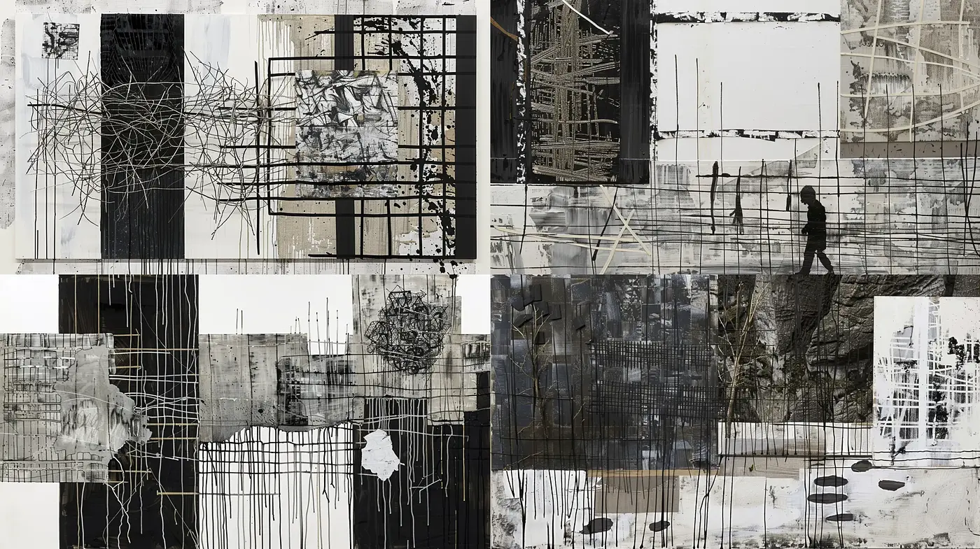 Monochrome Tapestry of Abstract Urban Decay - Midjourney sref style