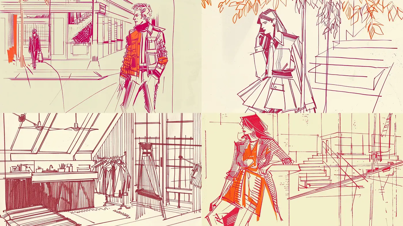 Sepia-Toned Sketch Continuity with Architectural Precision and Fashion Flair - Midjourney sref style