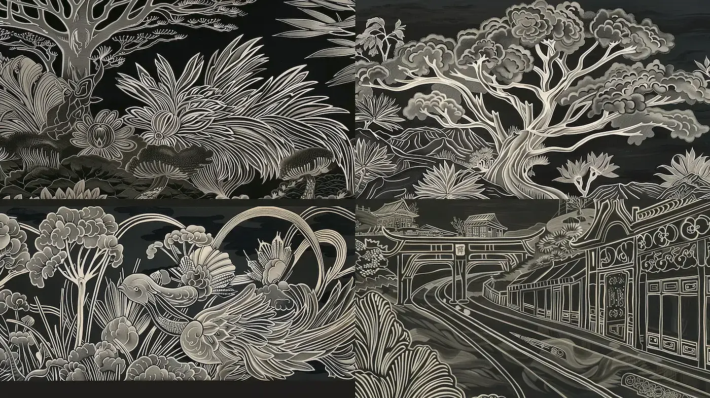 Elegant Monochrome Flourishes in Nature-Inspired Designs - Midjourney sref style