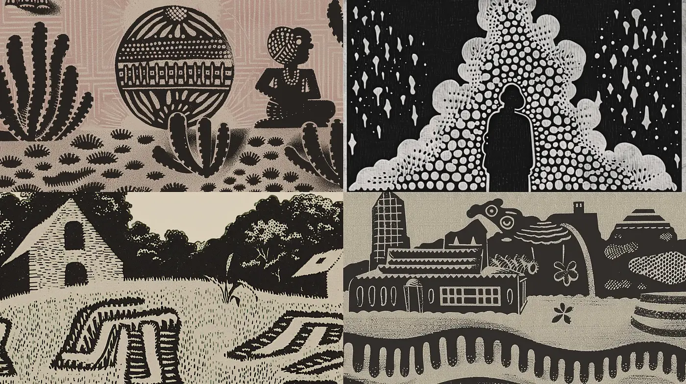 Monochromatic Textural Harmony in Stippled Landscapes and Vignettes - Midjourney sref style