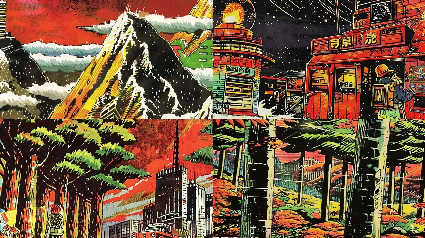 Dynamic and Vivid Retro-Futuristic Aesthetic with Nature and Urban Elements - Midjourney sref style