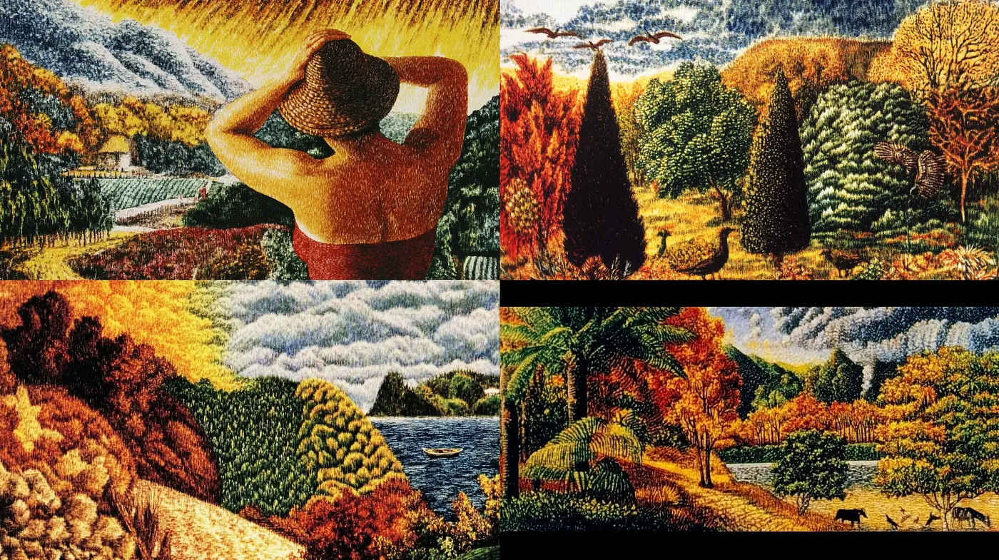 Harmonious Tapestry of Nature: A Rich Pointillist-Inspired Panorama - Midjourney sref style