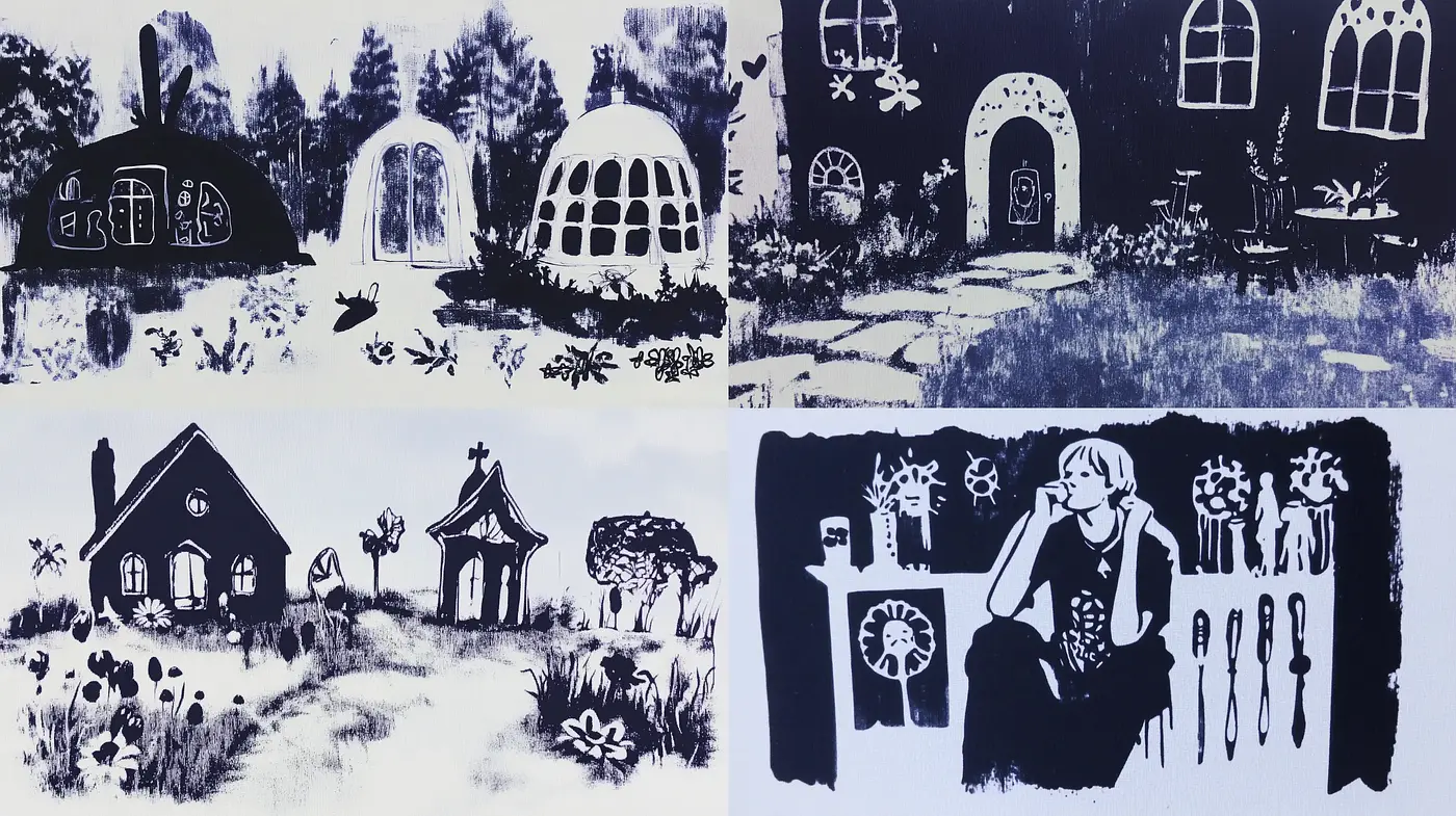 Monochromatic Whimsy: Stylized Contrast in Ink-wash Storytelling Vignettes - Midjourney sref style