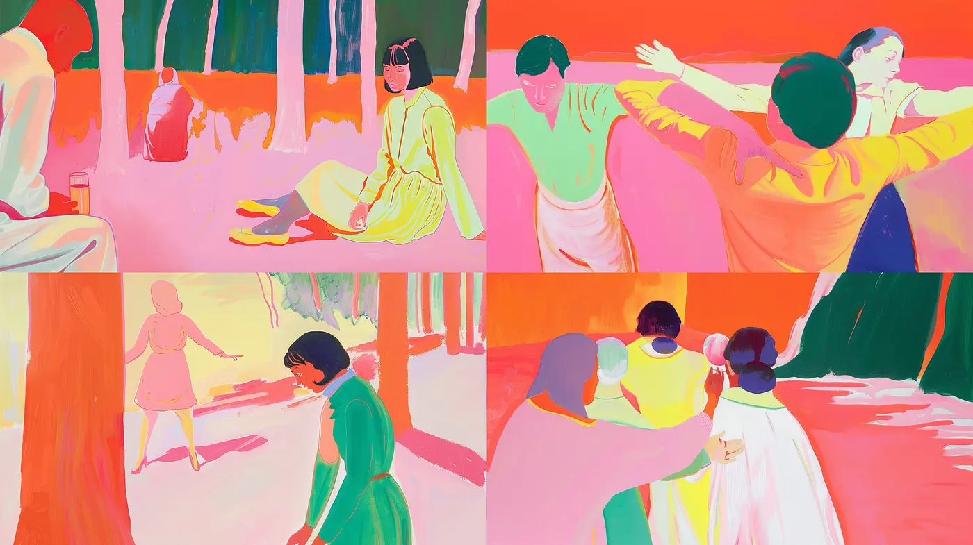 Saturated Dreamscape: A Vivid Interpretation of Human Forms and Environments in Bold Colors - Midjourney sref style