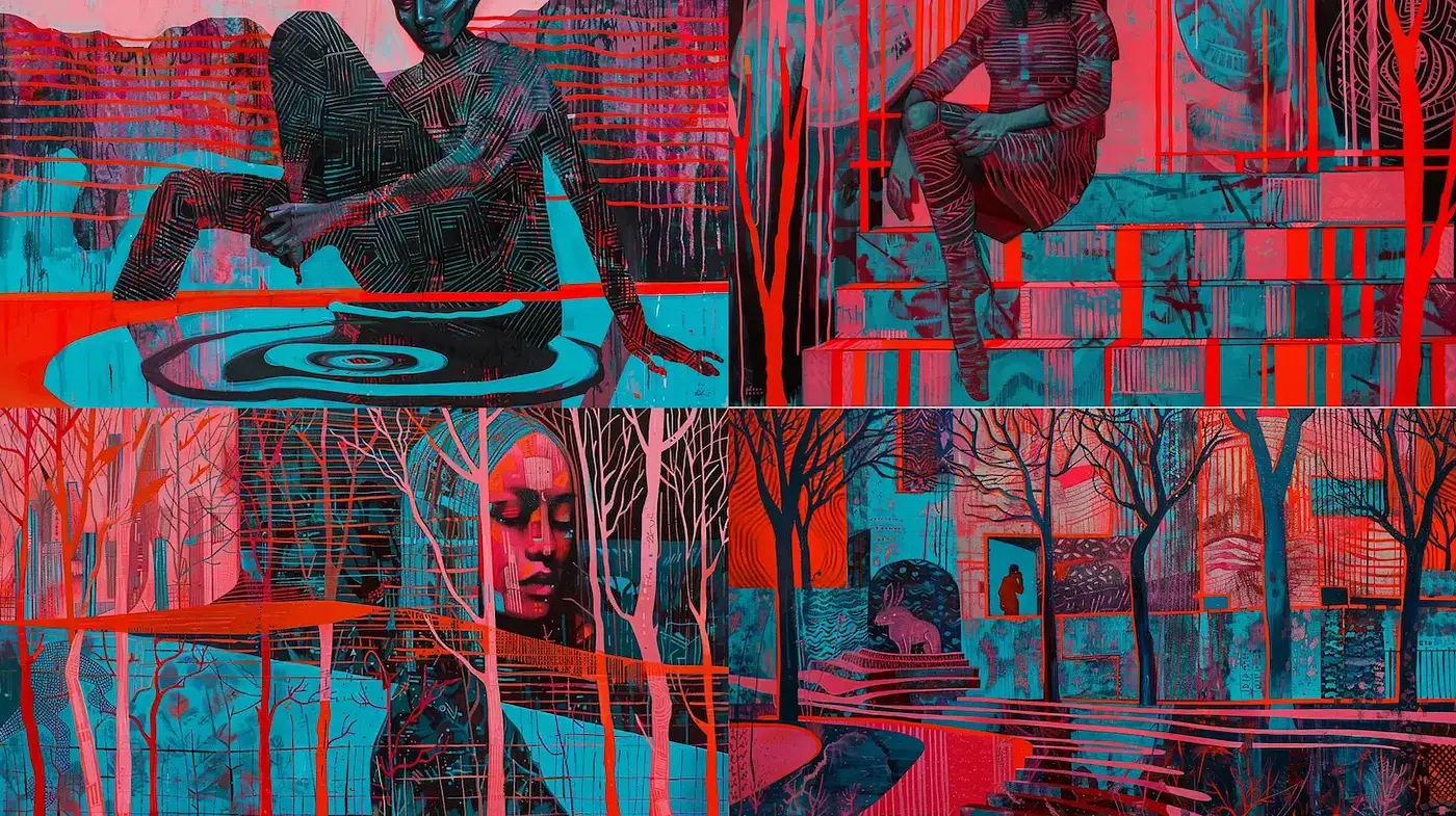 Synthetic Elegy of Crimson and Teal: A Homage to Expressive Linework and Abstract Forms - Midjourney sref style