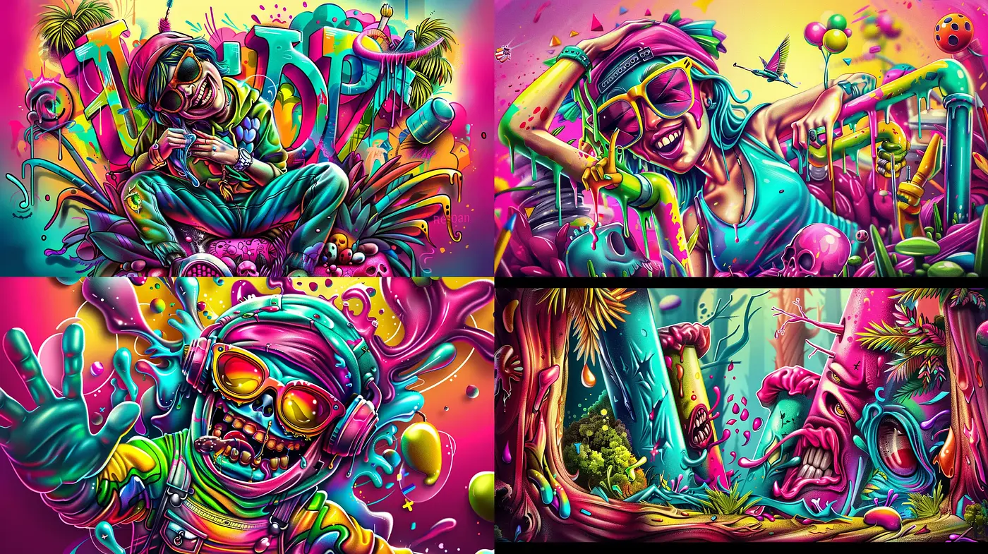 Psychedelic Playground of Vivid Dreams and Surreal Characters - Midjourney sref style
