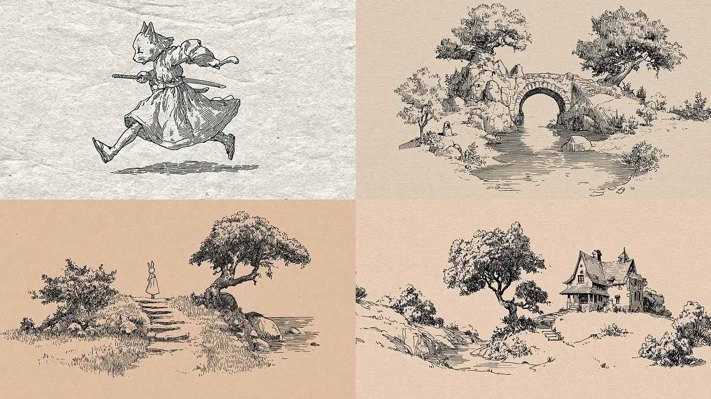 Whimsical yet nostalgic illustrations with a naturalistic touch - Midjourney sref style