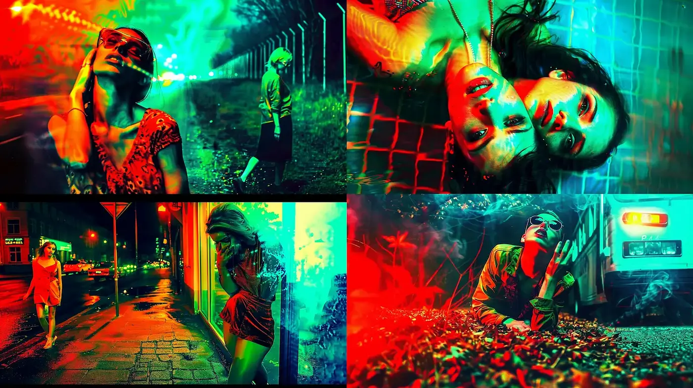 Vibrant Neon Urban Dreamscapes with a Surreal Touch - Midjourney sref style