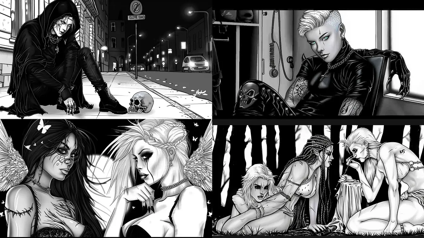 Monochromatic Noir Fusion with Punk and Gothic Elements - Midjourney sref style
