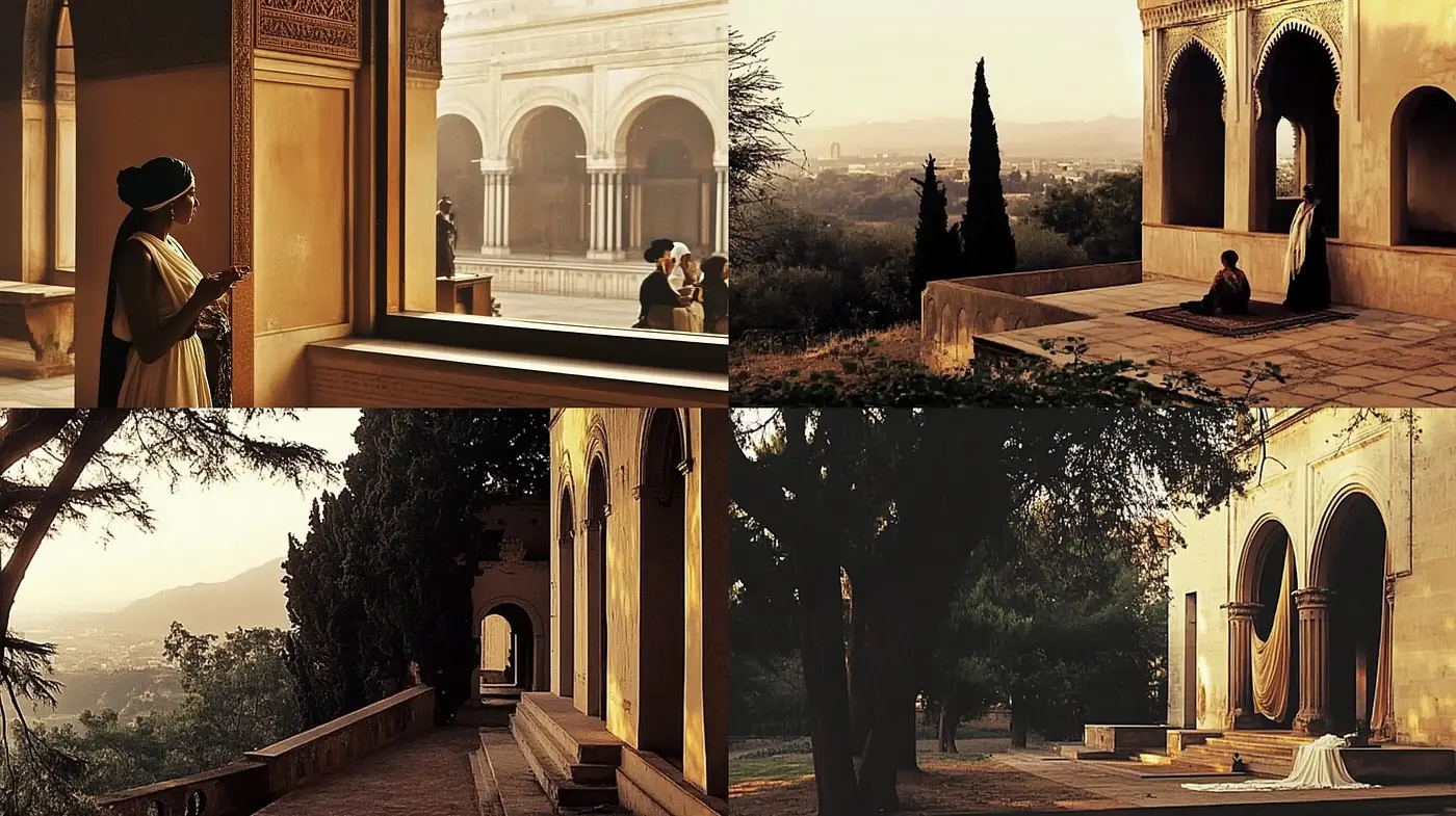Dusk Tranquility: Harmonious Fusion of Sepia Tones and Classical Architecture - Midjourney sref style