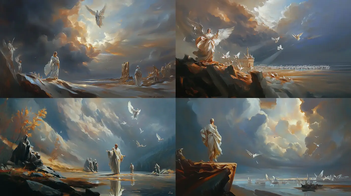 Ethereal Light and Dramatic Skies in Romantic Era Inspired Landscapes - Midjourney sref style