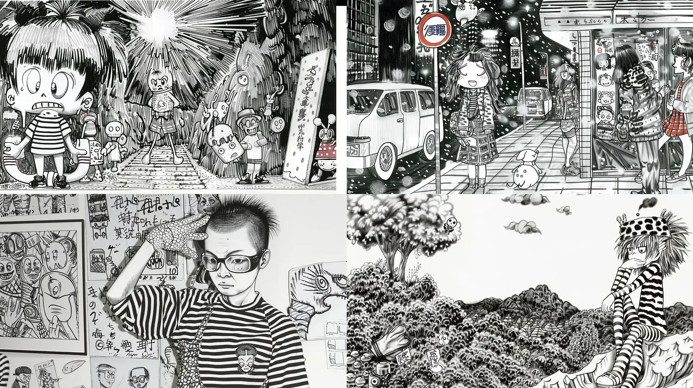 Monochromatic Ink Illustrations with Intricate Detailing and Surrealist Elements - Midjourney sref style