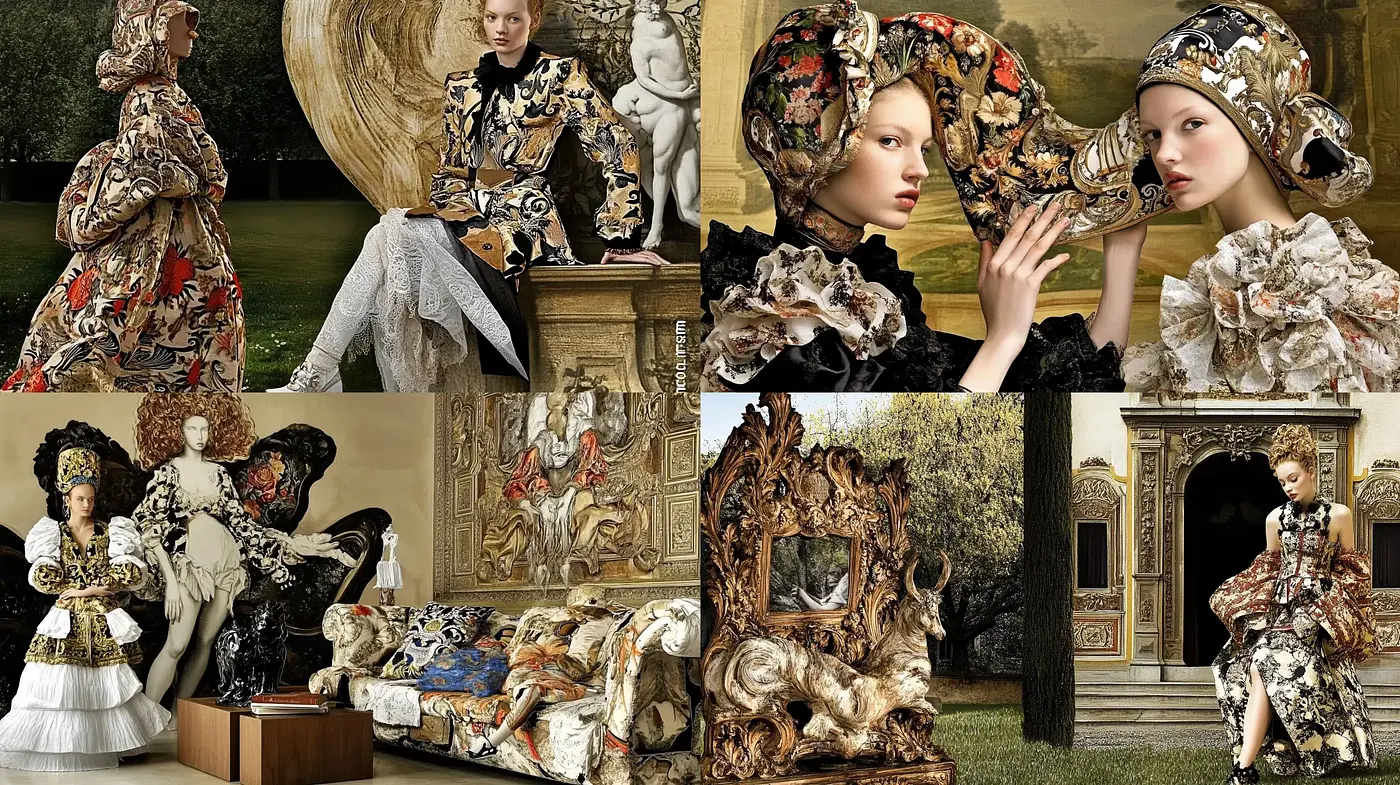 Baroque Tapestry and Sculpture Fusion in Fashion Photography - Midjourney sref style