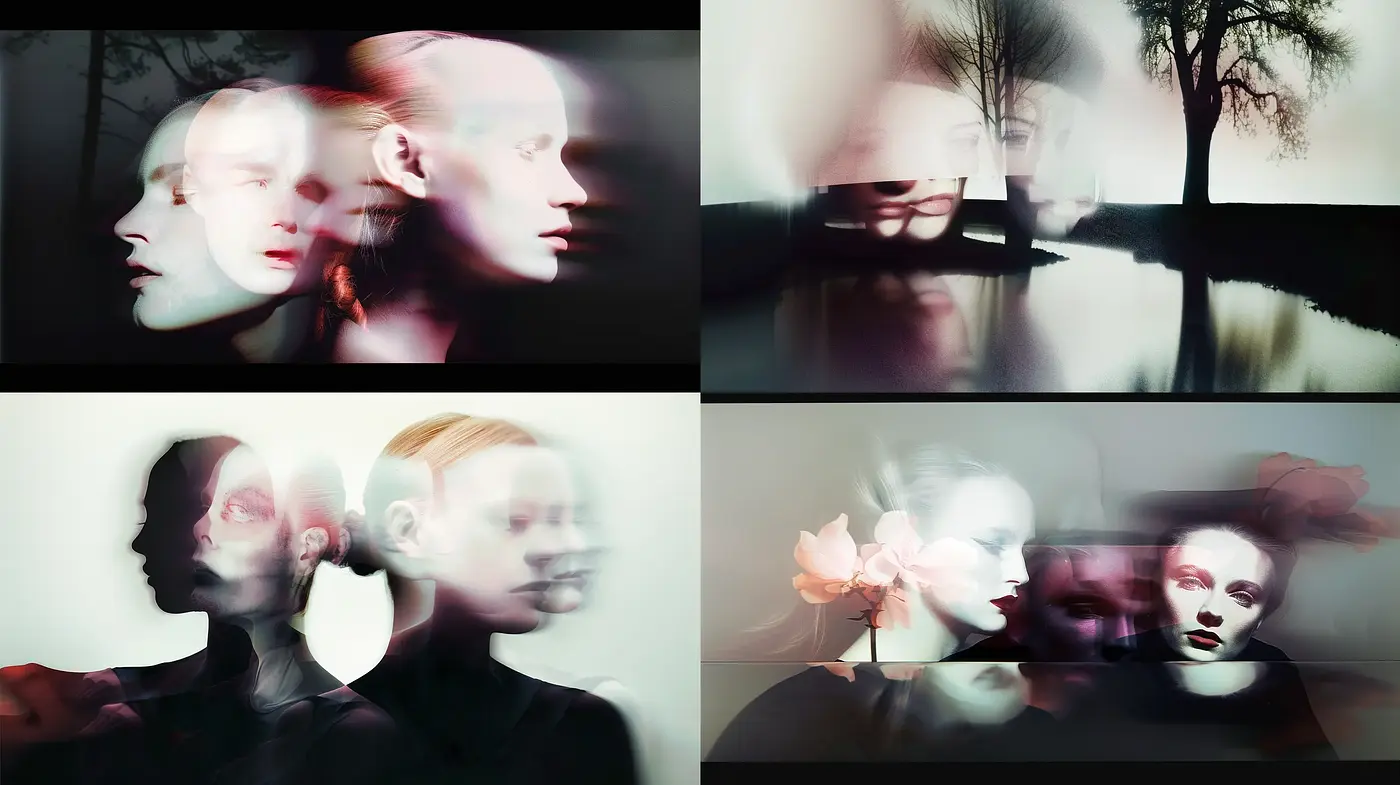 Ethereal Transience: A Meditative Fusion of Surreal Portraits and Echoed Landscapes - Midjourney sref style