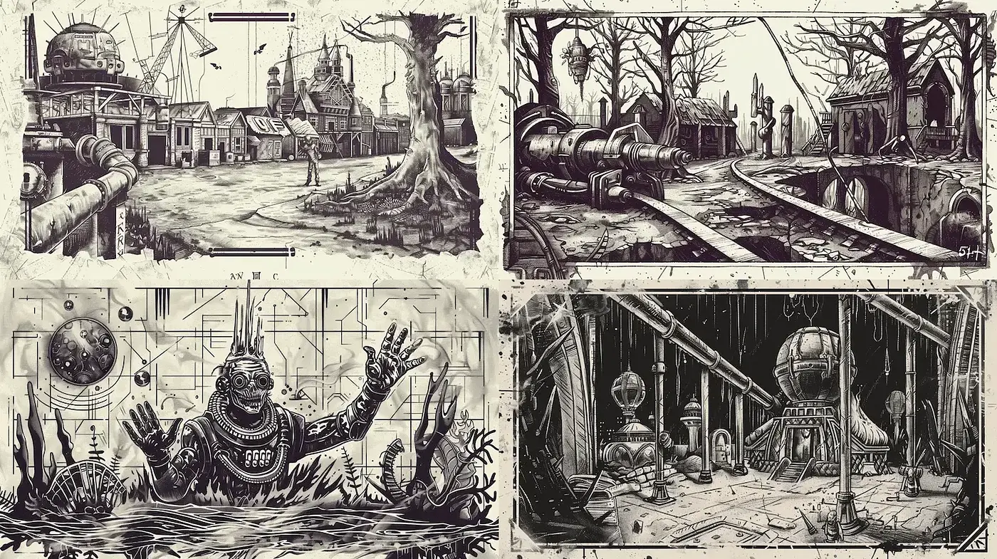 Cinematic Black and White Dystopian Industrial Landscapes - Midjourney sref style