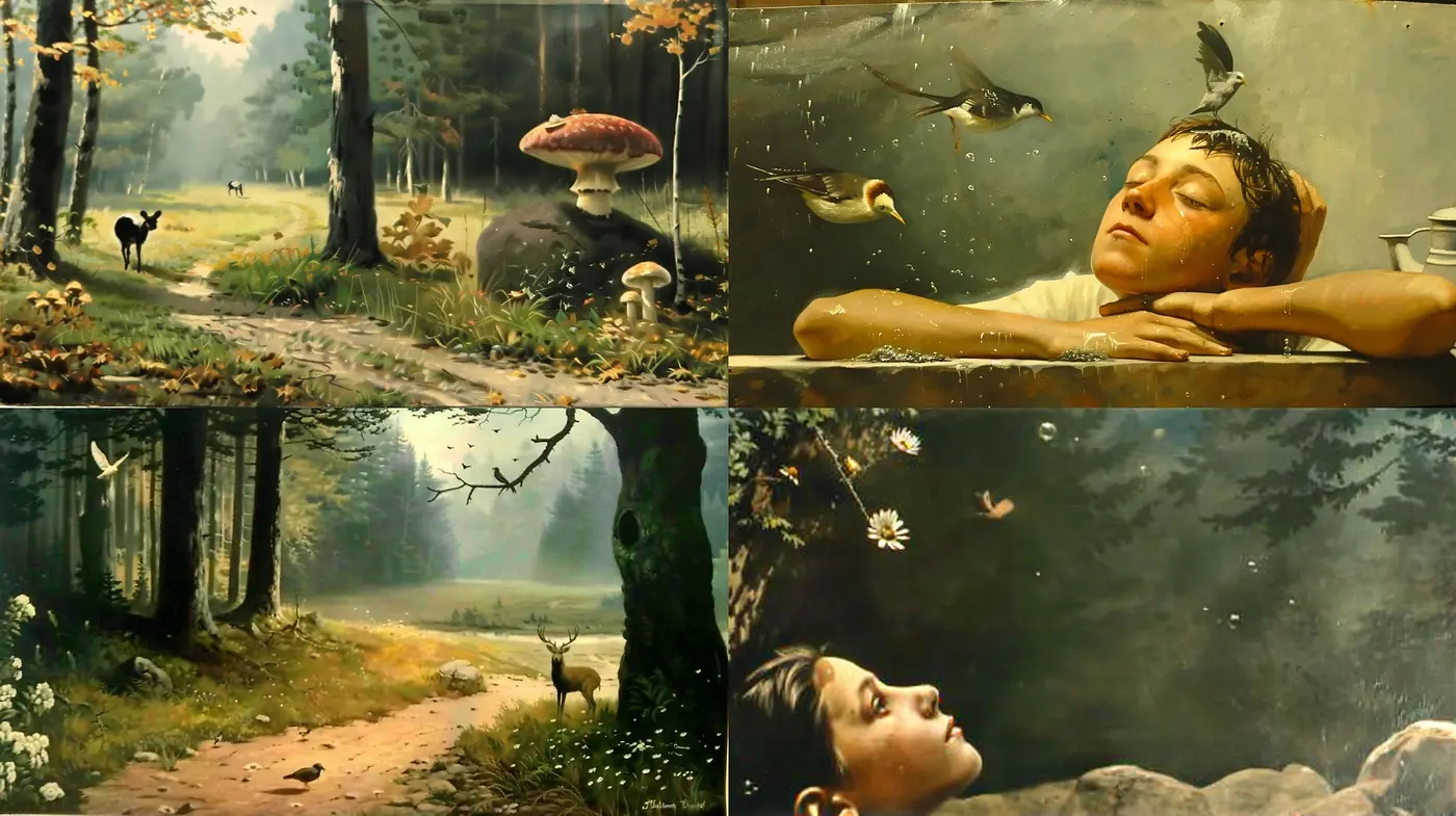 Whimsically Enigmatic Forests and Dreamy Human Encounters in Surreal Hues - Midjourney sref style