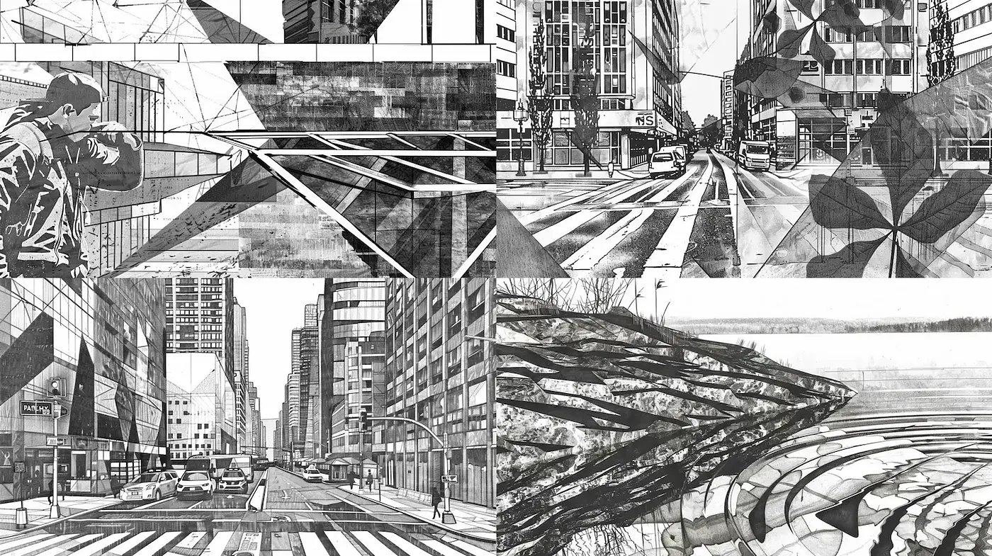 Intricate Urban Black and White Abstracts with Geometric Influences - Midjourney sref style