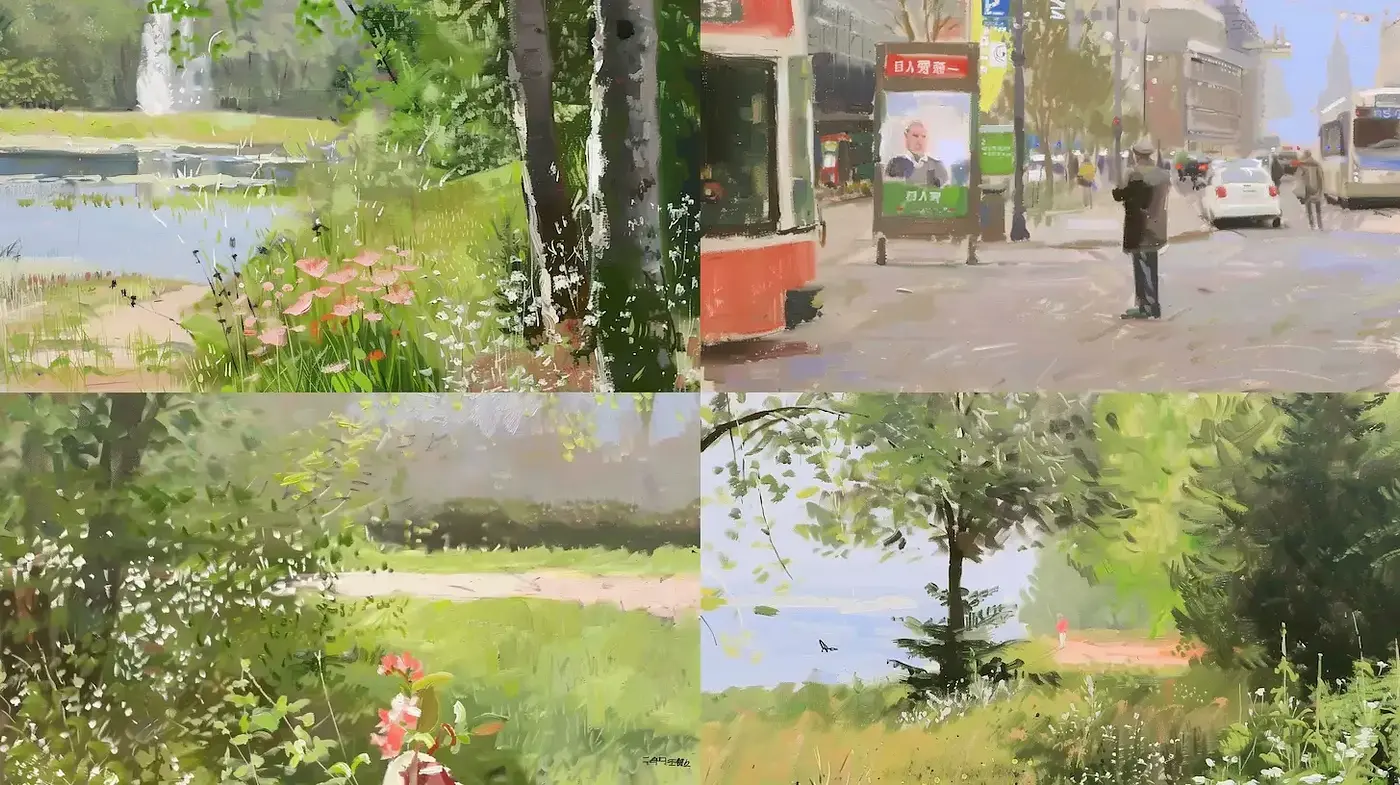Nature-Inspired Urban Landscapes with Impressionistic Highlights - Midjourney sref style