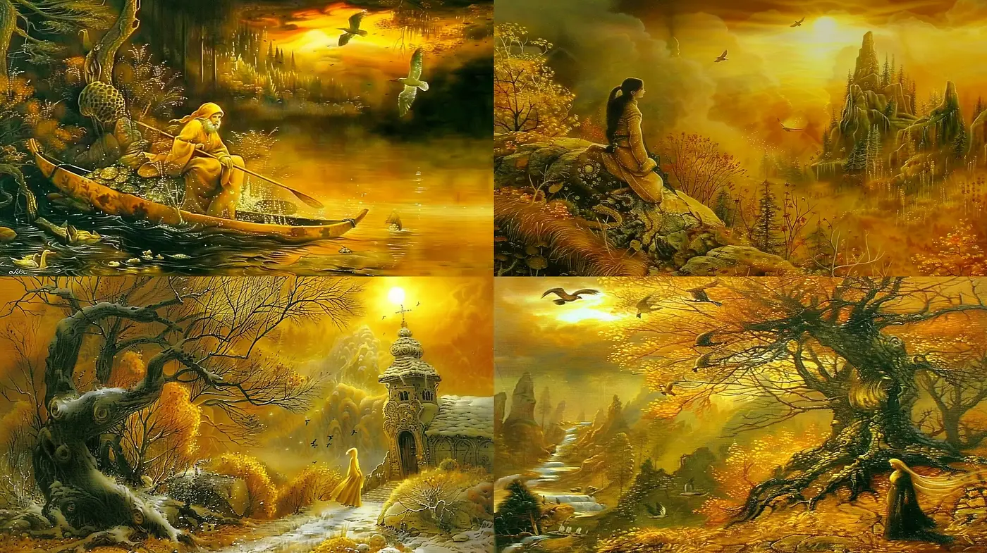 Enigmatic Golden Twilight Vistas: A Harmonious Blend of Fantasy and Romanticism - Midjourney sref style