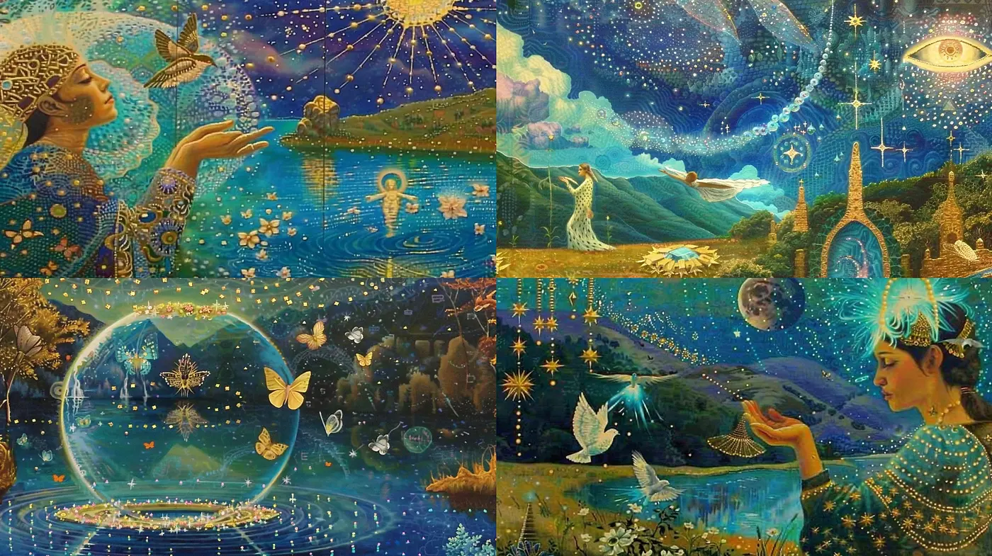 Celestial Dreamscape: A Tapestry of Enigmatic Beauty and Cosmic Symbology in Art - Midjourney sref style