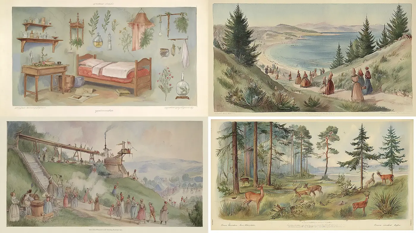 Whimsical pastoral scenery with a vintage watercolor charm - Midjourney sref style
