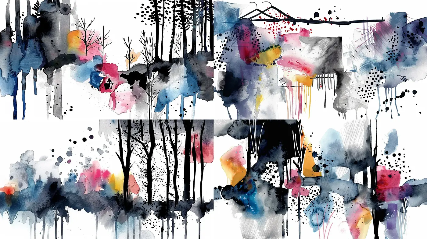 Abstract Watercolor Dreamscapes with Ethereal Forest Motifs - Midjourney sref style