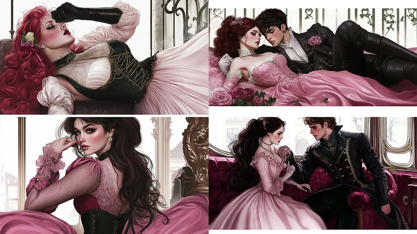 Romantic Elegance in Rose Hues: A Fusion of Digital Realism and Victorian Grace - Midjourney sref style