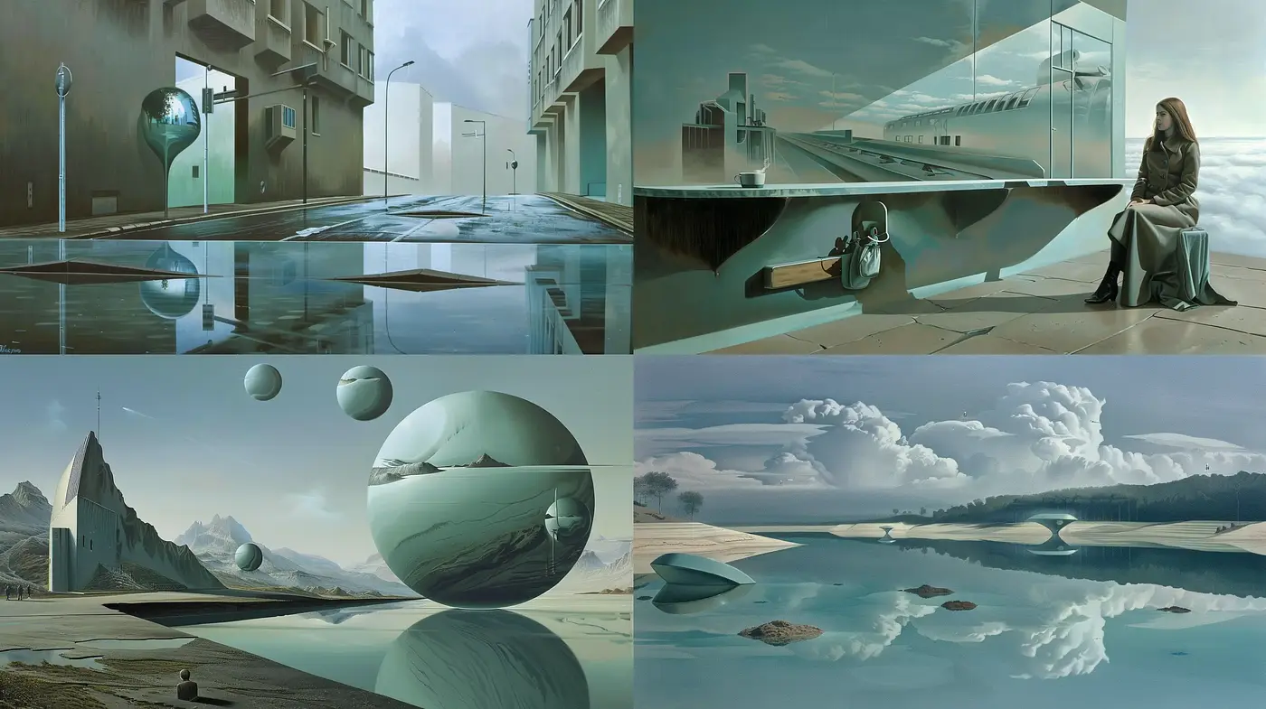 Surreal Serenity: A Consistent Vision through Tranquil Hues and Reflective Scapes - Midjourney sref style