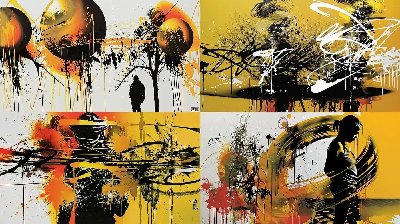 Dynamic Abstract Expressionism with Bold Contrast and Movement - Midjourney sref style