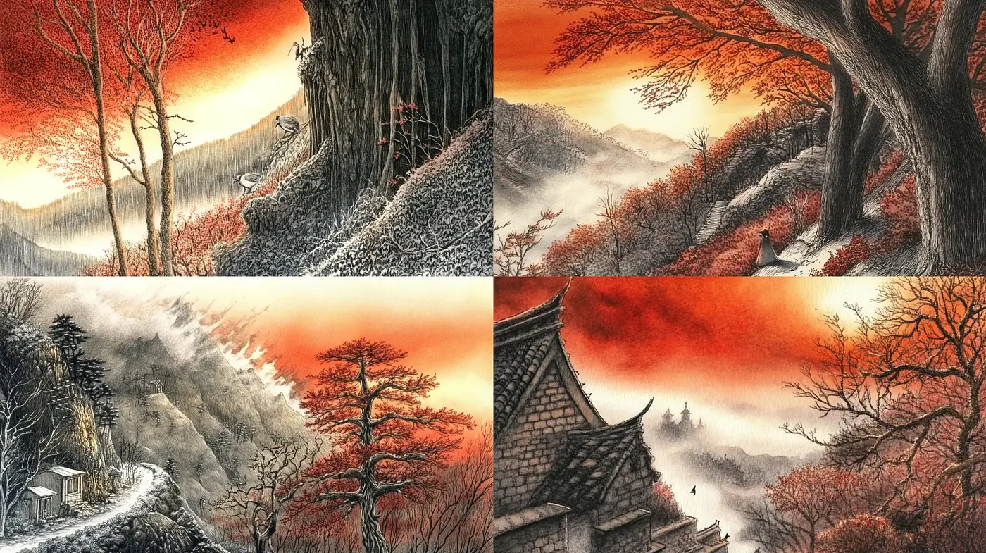Serenade of Fiery Hues in Stylized Oriental Landscapes - Midjourney sref style