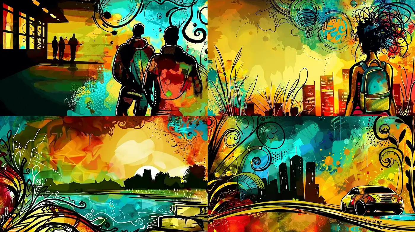 Vibrant and Whimsical Urban Landscapes with Abstract Flourishes - Midjourney sref style