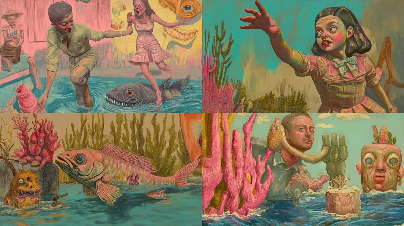 Surrealist Aquatic Dreamscape with Expressive Characters - Midjourney sref style