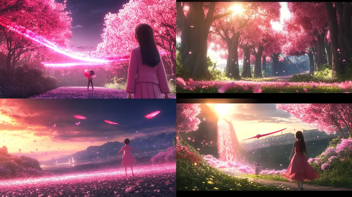 Ethereal Sakura Dreamscape: A Fusion of Vivid Pink Hues and Anime Inspiration - Midjourney sref style