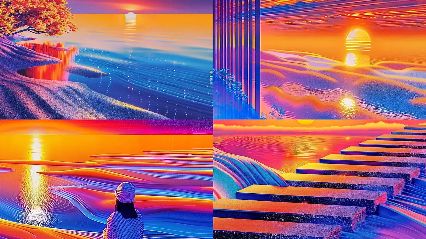 Vibrant Surreal Landscapes with Dreamlike Elements and a Retro-Futuristic Vibe - Midjourney sref style