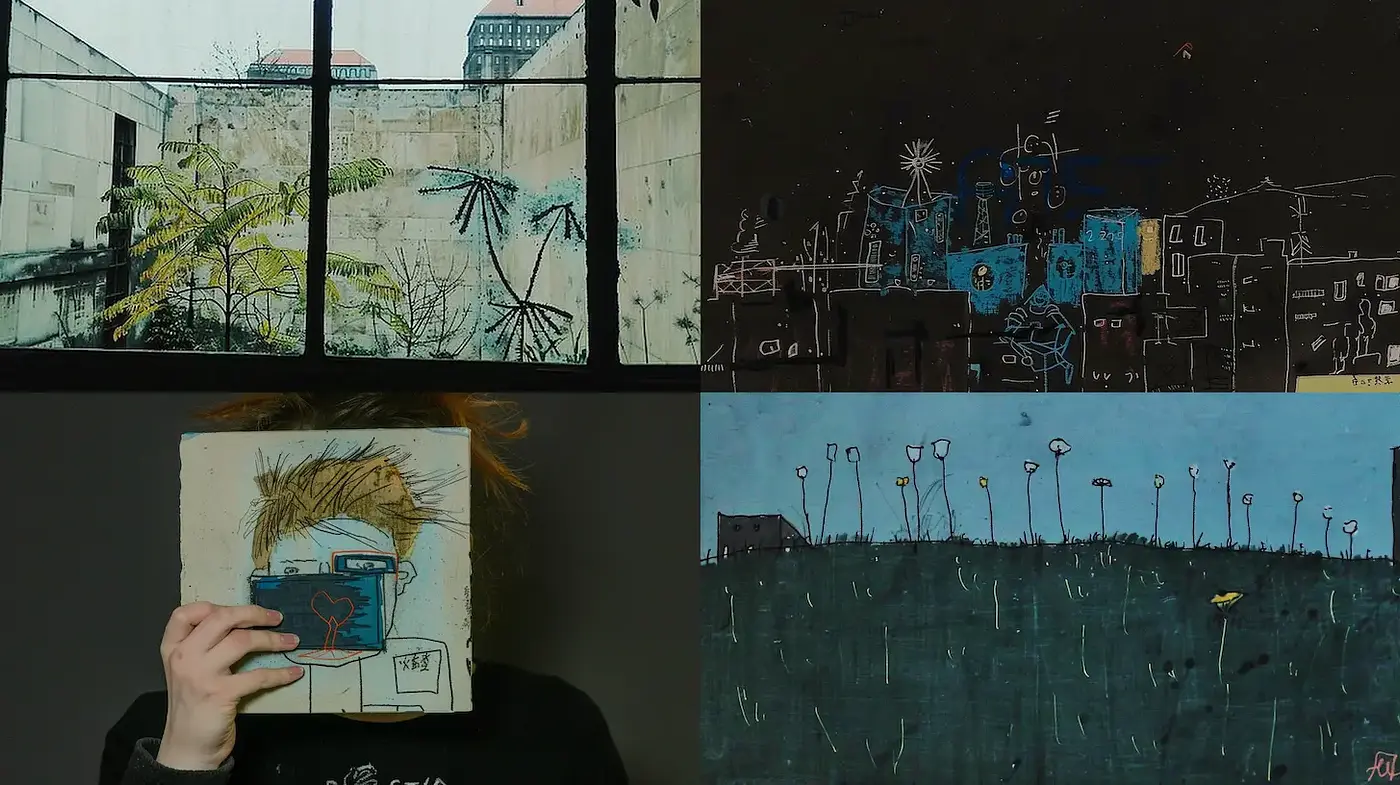 Eclectic urban landscapes with a mix of childlike whimsy and emotional depth - Midjourney sref style